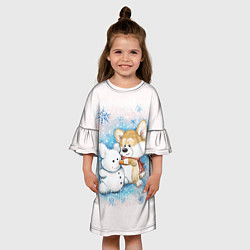 Платье клеш для девочки Корги и снеговик, цвет: 3D-принт — фото 2