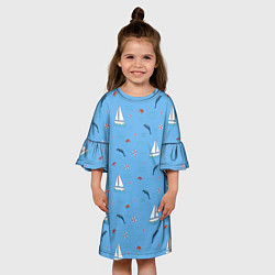 Платье клеш для девочки Море, дельфины, парусник, цвет: 3D-принт — фото 2