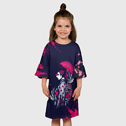 Платье клеш для девочки ДЕВУШКА В КИМОНО И ПТИЦАМИ, цвет: 3D-принт — фото 2