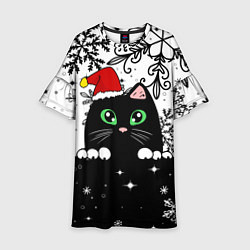 Платье клеш для девочки Новогодний кот в колпаке Санты, цвет: 3D-принт