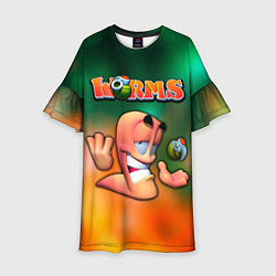 Платье клеш для девочки Worms, Червячки, цвет: 3D-принт