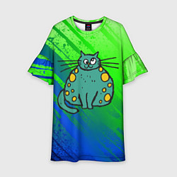 Платье клеш для девочки Прикольный зеленый кот, цвет: 3D-принт