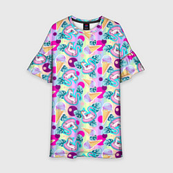 Платье клеш для девочки Единороги на радужном фоне с мороженым, цвет: 3D-принт