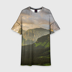 Платье клеш для девочки Горы, лес, небо, цвет: 3D-принт