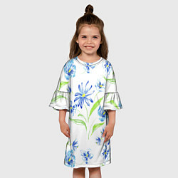 Платье клеш для девочки Цветы Синие Нарисованные Карандашами, цвет: 3D-принт — фото 2