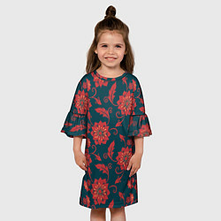 Платье клеш для девочки Red flowers texture, цвет: 3D-принт — фото 2