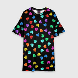 Платье клеш для девочки Сердечки разноцветные на черном, цвет: 3D-принт