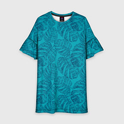 Детское платье Синие листья монстеры на голубом