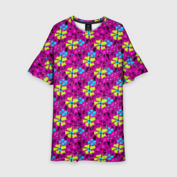 Платье клеш для девочки Цветочный узор на малиновом фоне, цвет: 3D-принт