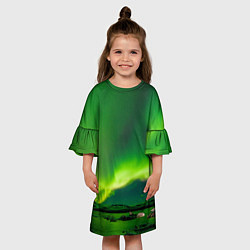 Платье клеш для девочки Абстрактное полярное сияние - Зелёный, цвет: 3D-принт — фото 2