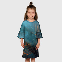 Платье клеш для девочки Абстрактная тёмно-синяя краска с оранжевыми мазкам, цвет: 3D-принт — фото 2