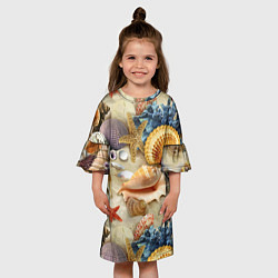 Платье клеш для девочки Морские раковины, кораллы, морские звёзды на песке, цвет: 3D-принт — фото 2