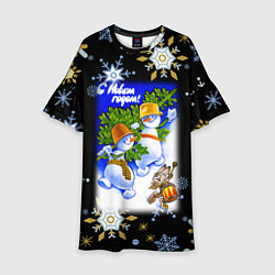 Платье клеш для девочки Новый год снеговики несут ёлочку, цвет: 3D-принт