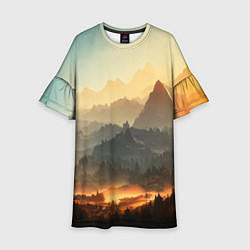 Платье клеш для девочки Рассвет в горах, пейзаж, цвет: 3D-принт