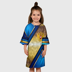 Платье клеш для девочки Золотой герб России на синем объемном фоне, цвет: 3D-принт — фото 2