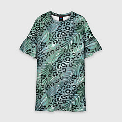 Платье клеш для девочки Листья пальмы на леопардовом серо - зеленом фоне, цвет: 3D-принт