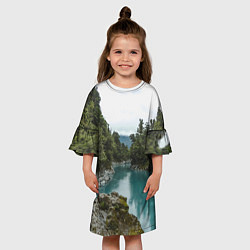 Платье клеш для девочки Река, лес и скалы, цвет: 3D-принт — фото 2