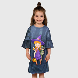 Платье клеш для девочки Ведьма малолетка в тёмном лесу с дракончиком, цвет: 3D-принт — фото 2