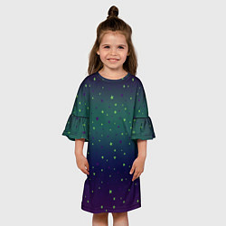 Платье клеш для девочки Неоновые зеленые и сиреневые звезды на темно зелен, цвет: 3D-принт — фото 2