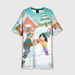 Платье клеш для девочки Новогодние каникулы - дети лепят снеговика, цвет: 3D-принт