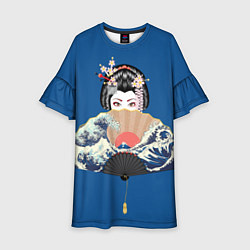 Платье клеш для девочки Японская гейша с большим веером, цвет: 3D-принт