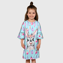 Платье клеш для девочки Кролик на фоне новогодних шариков, цвет: 3D-принт — фото 2