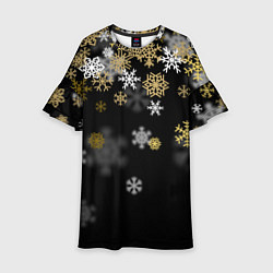 Платье клеш для девочки Золотые и белые снежинки, цвет: 3D-принт
