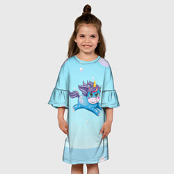 Платье клеш для девочки Синий единорог в прыжке, цвет: 3D-принт — фото 2