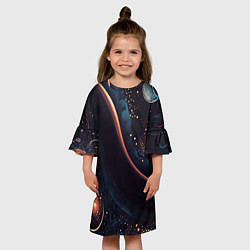 Платье клеш для девочки Космическая абстракция в теплых темно-синих тонах, цвет: 3D-принт — фото 2