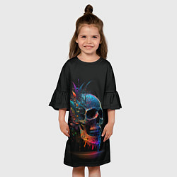 Платье клеш для девочки Красочный череп с цветами, цвет: 3D-принт — фото 2