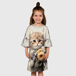 Платье клеш для девочки Котенок с полевыми цветами, цвет: 3D-принт — фото 2