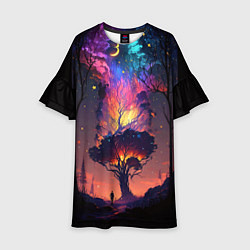 Платье клеш для девочки Огненное дерево в звездном лесу, цвет: 3D-принт