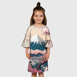 Платье клеш для девочки Японский пейзаж: цветение сакуры у горы Фудзияма, цвет: 3D-принт — фото 2