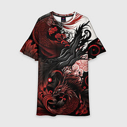 Платье клеш для девочки Красный Irezumi узор, цвет: 3D-принт