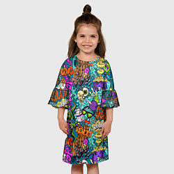 Платье клеш для девочки Поп-арт взрыв с инопланетянином и черепом, цвет: 3D-принт — фото 2