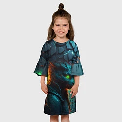 Платье клеш для девочки Кот из разломленных неоновых плит, цвет: 3D-принт — фото 2
