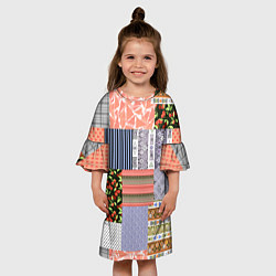 Платье клеш для девочки Пэчворк из разноцветных лоскутов в оранжевых и сер, цвет: 3D-принт — фото 2
