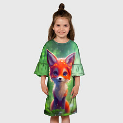 Платье клеш для девочки Рыжий лисенок под лесным дождем, цвет: 3D-принт — фото 2