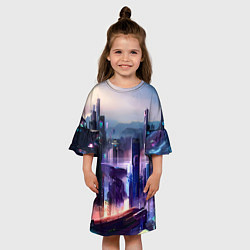 Платье клеш для девочки Киберпанк мегаполис, цвет: 3D-принт — фото 2