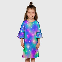 Платье клеш для девочки Яркий космос розово-синий с вкраплениями зеленого, цвет: 3D-принт — фото 2