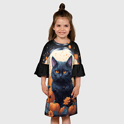 Платье клеш для девочки Котик и тыквы - хеллоуин, цвет: 3D-принт — фото 2