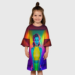 Платье клеш для девочки Девушка в жёлтом топе медитирует в неоновой комнат, цвет: 3D-принт — фото 2