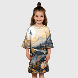 Платье клеш для девочки Солнечное утро в цветущих горах, цвет: 3D-принт — фото 2