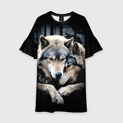 Платье клеш для девочки Волки - молодая семья, цвет: 3D-принт