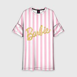 Платье клеш для девочки Barbie - золотая надпись и бело-розовые полосы, цвет: 3D-принт