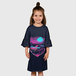 Платье клеш для девочки Пальмы и гоночная машина в пурпурном свечении, цвет: 3D-принт — фото 2