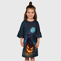 Платье клеш для девочки Кот с тыквой - хэллоуин, цвет: 3D-принт — фото 2