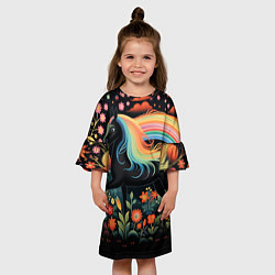 Платье клеш для девочки Лошадка с радужной гривой в стиле фолк-арт, цвет: 3D-принт — фото 2