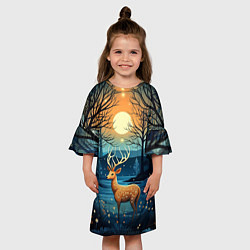 Платье клеш для девочки Олень в ночном лесу фолк-арт, цвет: 3D-принт — фото 2