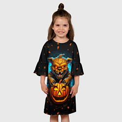 Платье клеш для девочки Halloween - страшный медведь с тыквой, цвет: 3D-принт — фото 2